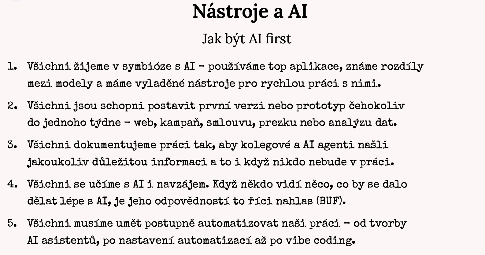 Originální AI-first manifest od Filipa — pět bodů ručně sepsaných ve formátu nadpisu "Nástroje a AI · Jak být AI first"